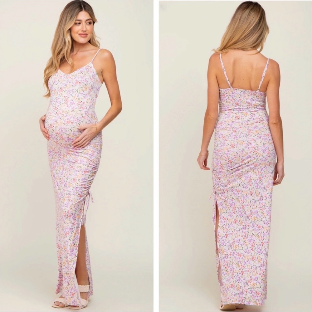 Pink Blush Lavender Floral Side Slit Ruched Maternity Maxi Dress
